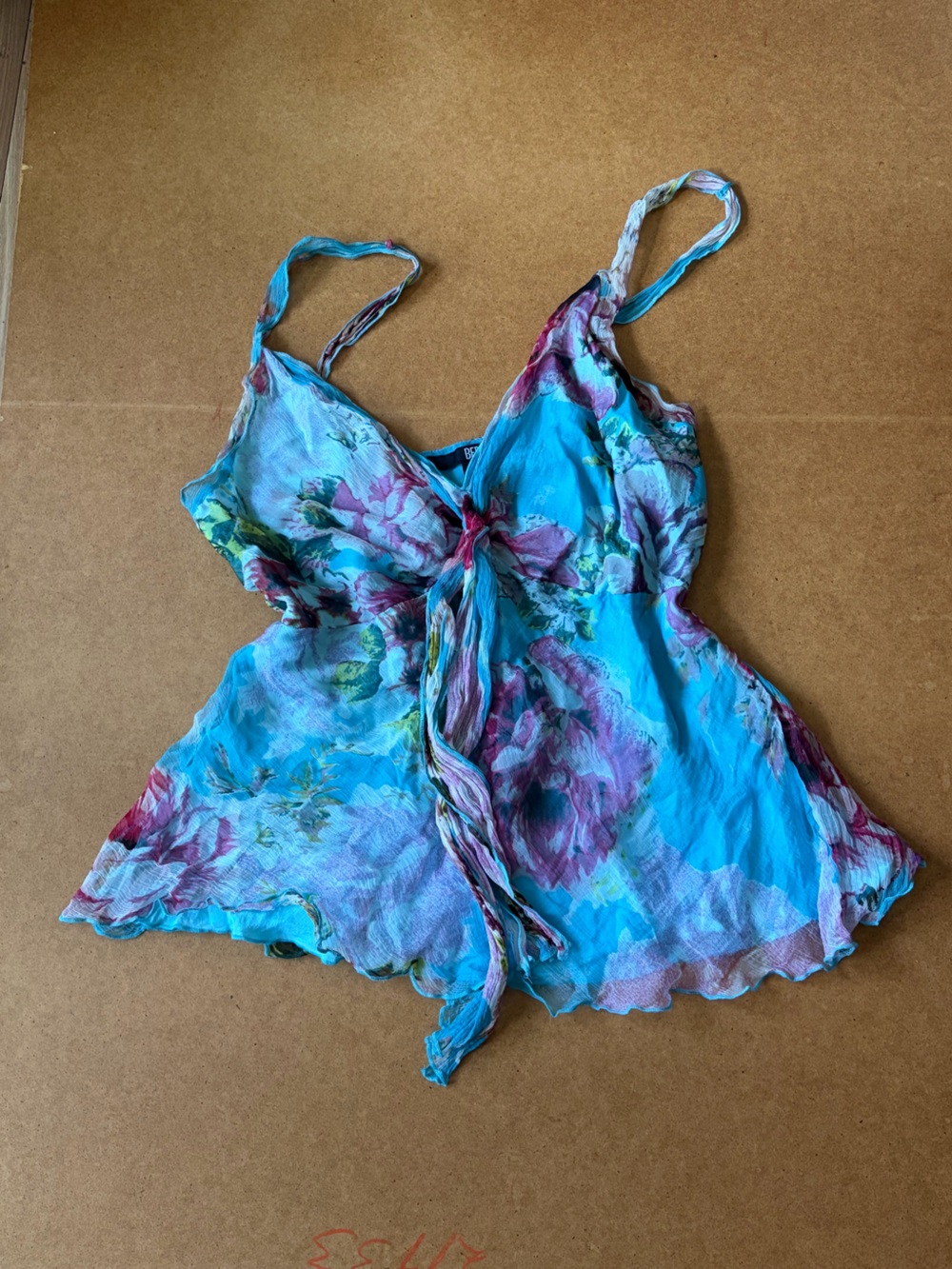 Floral Tie-Front Blue Womenโs Bodysuit Top